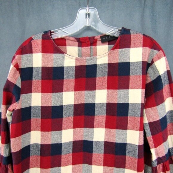 Hatch Maternity Red Navy Plaid Flannel Top Size M 2 Bell 3/4 Sleeves Back Button - Picture 2 of 10
